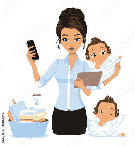Busy Mother Managing Tasks with Children and Laundry in Cartoon Style