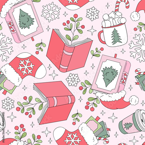 Cozy Christmas Books and Holiday Treats vector Seamless Pattern in Retro Pastel Style. Perfect for festive wrapping paper, greeting cards, fabric prints, and winter stationery designs. Holiday season