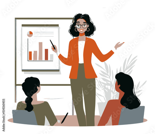 Professional Woman Presenting Business Data in Modern Cartoon Style