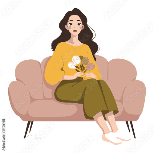 Cheerful Woman Sitting on Couch with Flowers in Cozy Living Room Scene