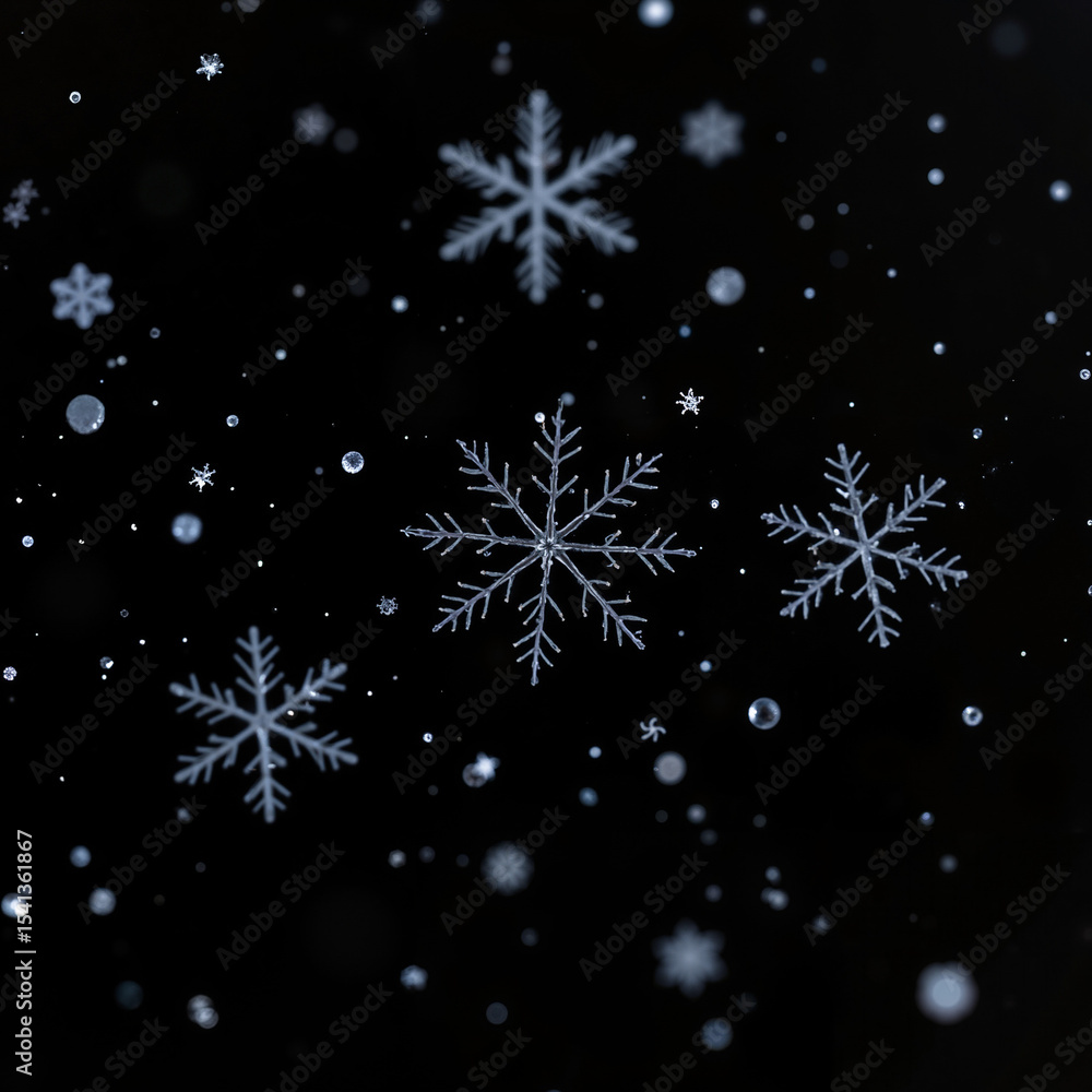 Beautiful snowflakes falling against a dark background, creating a winter wonderland effect Beautiful snowflakes falling against a dark background, creating a winter wonderland effect