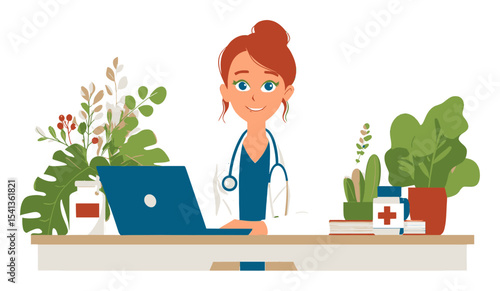 Friendly Female Doctor Working at Desk with Laptop and Plants in Office