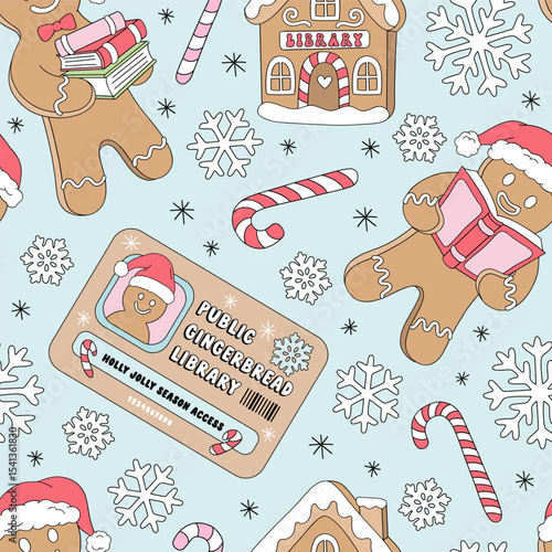 Cozy Christmas Gingerbread Men in Santa Hat Read and Carry Books, public gingerbread Library Cookies and Card vector seamless pattern in Retro Pastel style. Perfect for holiday wrapping paper, festive