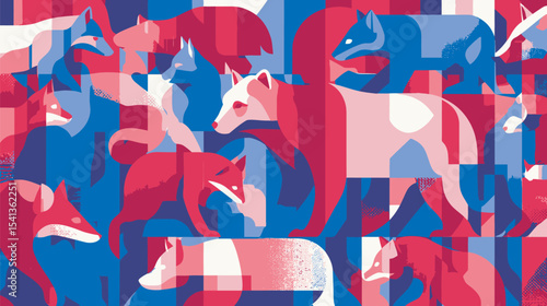 Stylized foxes roam abstract landscape red blue tones backdrop