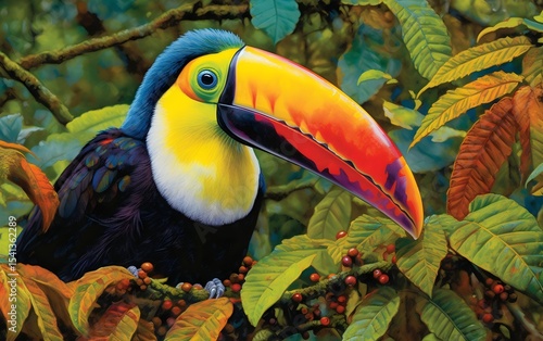Colorful toucan close-up in lush forest.