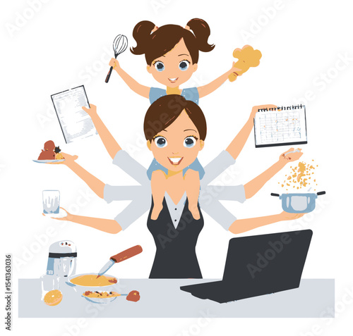 Busy Mom Juggling Multiple Tasks in Cartoon Style Vector Illustration