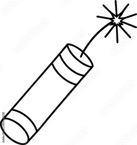 Black line art of classic firecracker with fuse and sparks