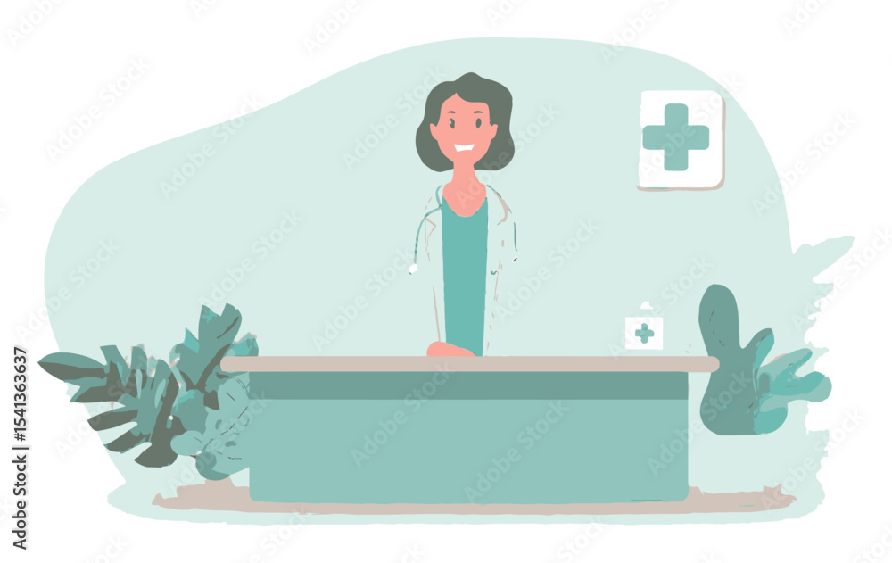 Fototapeta premium Cheerful Female Doctor Standing at Desk in Modern Healthcare Office Setting