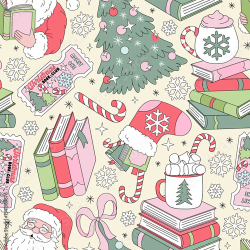 Retro Christmas vector Seamless Pattern with Stacks of Books, Santa Reading, and Festive Stockings on Pastel Yellow Background. Ideal for holiday gift wrap, seasonal greeting cards, fabric designs