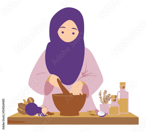 Woman in Hijab Preparing Ingredients in Cartoon Style Kitchen Scene