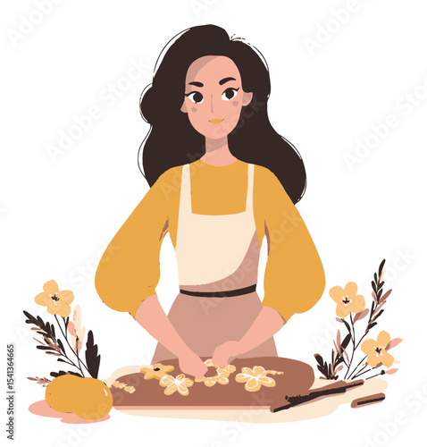 Woman Preparing Floral Arrangement in Cute Cartoon Style Illustration