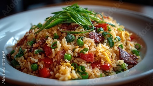 Delicious and colorful fried rice with bacon and fresh green onions served elegantly