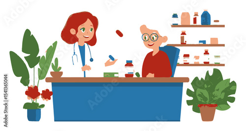 Friendly Pharmacist Assisting Patient with Medications in Bright Pharmacy