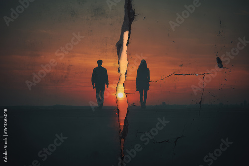 The silhouette of a man and a woman each walking away from their partner, implying the meaning of separation.