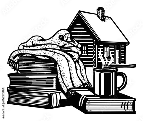 Cozy Scene with Books, Blanket, Coffee Mug, and Cabin Illustration