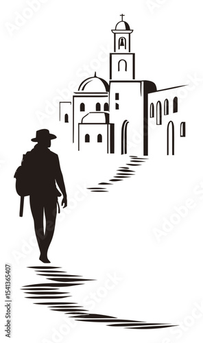 Silhouette of a Person Walking Towards an Abstract Cityscape in Monochrome