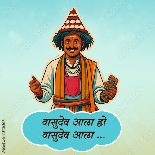 "Traditional Indian Vasudev singer in ethnic attire with peacock-feathered headgear and bells, performing devotional songs – a symbol of Maharashtra’s wandering spiritual artists.