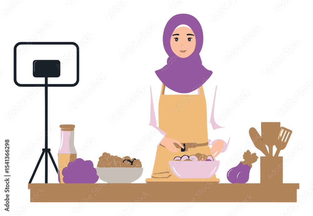 Cartoon Illustration of a Woman in Kitchen Preparing Food for Cooking Show Cartoon Illustration of a Woman in Kitchen Preparing Food for Cooking Show