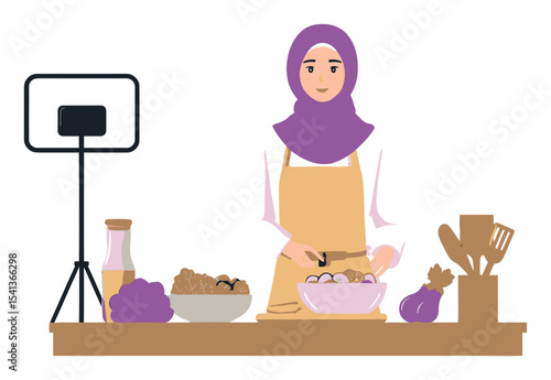 Cartoon Illustration of a Woman in Kitchen Preparing Food for Cooking Show