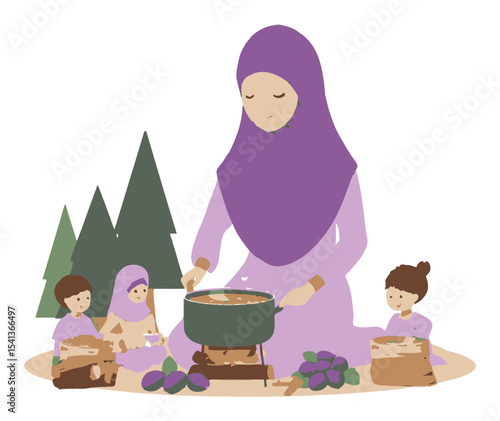 Woman Cooking Traditional Meal with Children in Cartoon Style Illustration