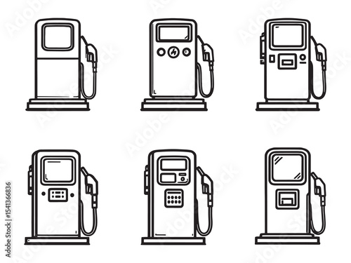 set of 6 psc different type of  Gas pump clear vision simple dark black line art on white (1).eps