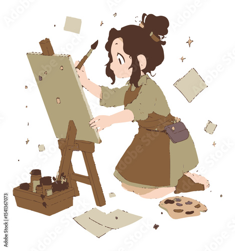 Cute Cartoon Artist Creating Masterpiece with Canvas and Paints in Studio
