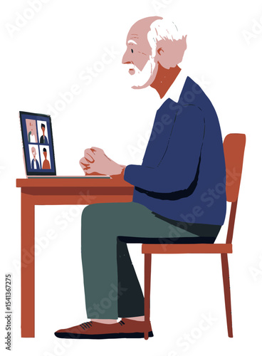 Elderly Man Engaged in Video Call at Home with Laptop Sitting at Table
