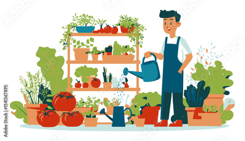Young Gardener Watering Plants in Bright Vector Illustration Style