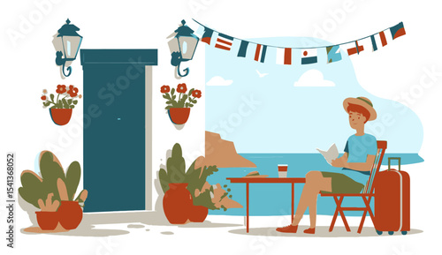 Relaxing Traveler Enjoying a Book by the Seaside with Flags and Plants