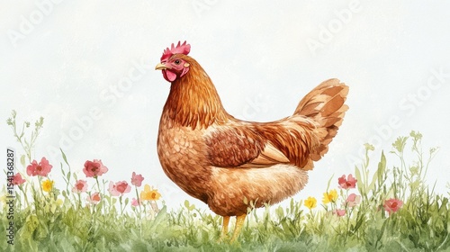 A vibrant watercolor painting of a fluffy Buff Orpington hen, with its gentle demeanor and rich golden-buff feathers, pecking peacefully in a sun-dappled green pasture, conveying warmth and serenity