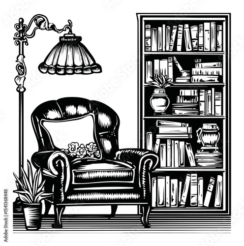 Cozy Reading Nook with Armchair and Bookshelf in Black and White Design