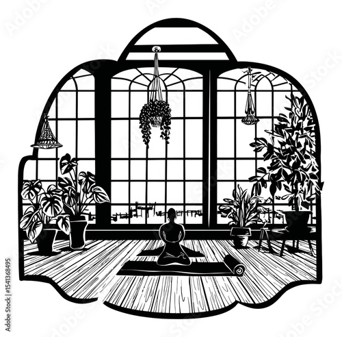 Serene Meditation Scene in a Stylish Indoor Space with Abundant Plants