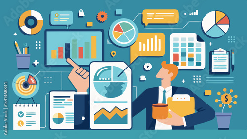 Illustration of a business professional analyzing data charts and financial growth indicators shown around him