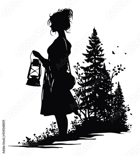 Elegant Silhouette of a Woman Holding a Lantern Among Trees in Nature