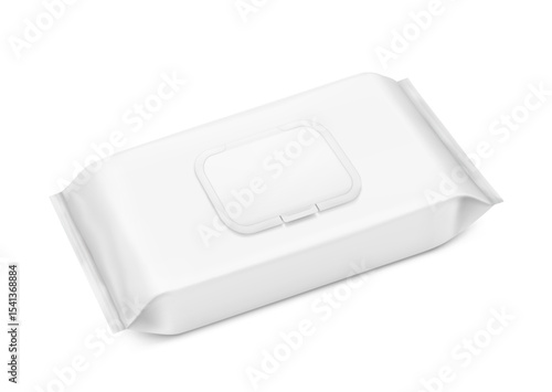 Wet wipes package bag mockup with realistic shadow. Vector illustration isolated on white background. Can be use for your design, promo, adv and etc. EPS10.