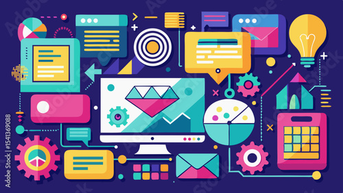 Colorful illustration of a computer screen surrounded by icons and design elements on dark blue background