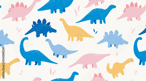Colorful dinosaurs scattered repeat playfully on a light background whimsical