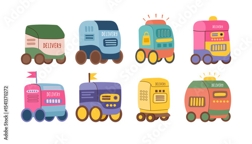 Set of delivery robot cliparts isolated on white background. Concept of delivery, technology, robotics. Vector hand drawn illustrations.
