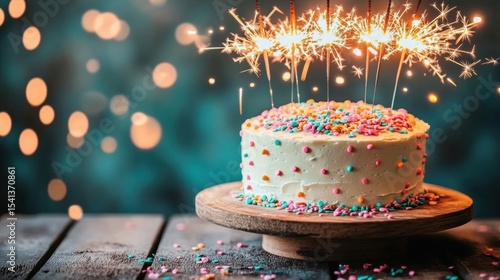Celebratory birthday cake with sparklers on wooden table against dark Celebration colorful sprinkles