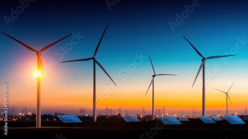 Wind turbines and solar panels at sunset generating clean energy on the horizon and beautiful colors in the sky