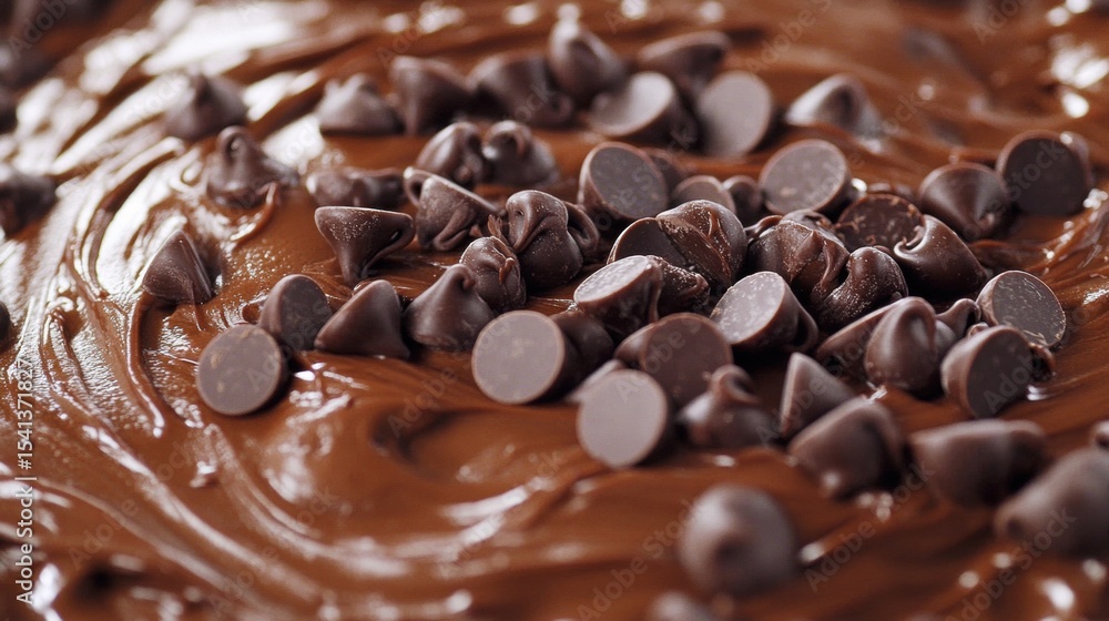 Fototapeta premium Close-up shot of freshly baked chocolate cake with chips, showing melted in cream on background