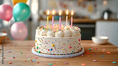 Colorful birthday cake with candles on wooden table in festive Celebration sprinkles