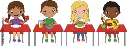 Happy children eating healthy food, kids enjoying fruit and vegetables, cartoon illustration of balanced meals, nutrition awareness, school lunch concept, diverse healthy eating