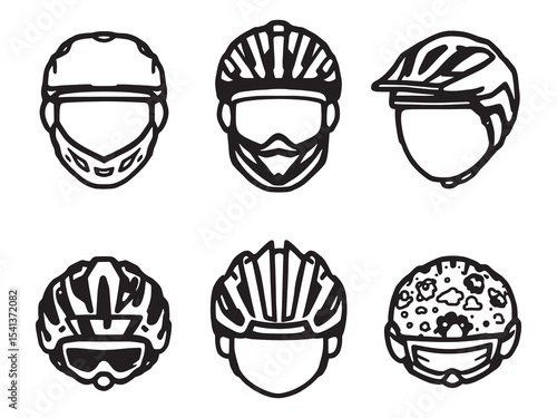 set of 6 psc different type of Bicycle helmet clear vision simple dark black line art on white (1).eps