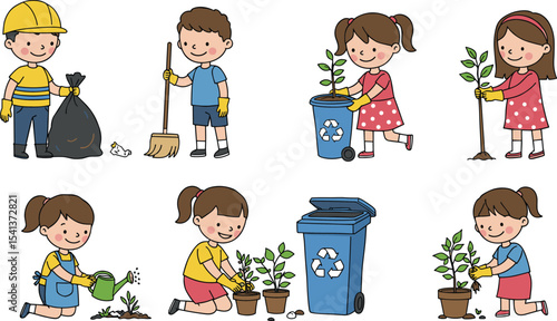 Cartoon children cleaning environment, planting trees, recycling waste, eco-friendly habits, kids helping nature, green earth illustration, environmental awareness, sustainability education, go green 