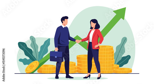 Business Partnership Handshake with Growing Green Arrow and Gold Coins