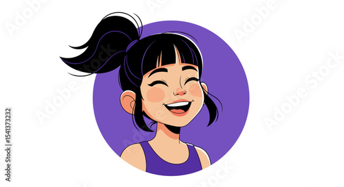 Cartoon girl with a happy expression in a purple circle.
