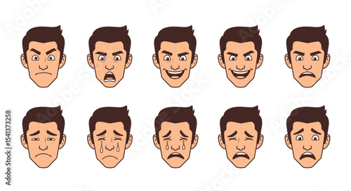 Cartoon Man Faces Expressing Various Emotions: Anger, Happiness, Sadness, and Surprise