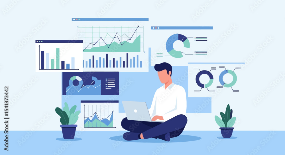 Man Analyzing Data on Laptop, Surrounded by Charts and Graphs Man Analyzing Data on Laptop, Surrounded by Charts and Graphs