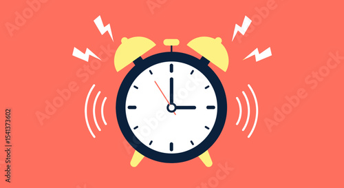 Ringing Alarm Clock Illustration with Yellow Bells and Sound Waves on Coral Background